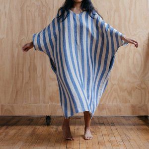 Lauren Winter blue and white striped linen caftan (L)